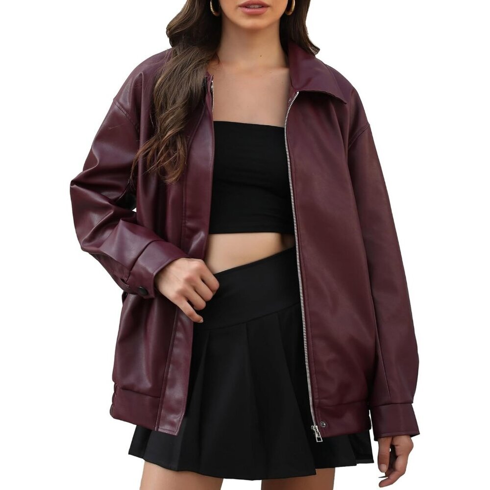 Women's Burgundy Faux Leather Jacket Oversized Motorcycle Zipper Bomber Coats